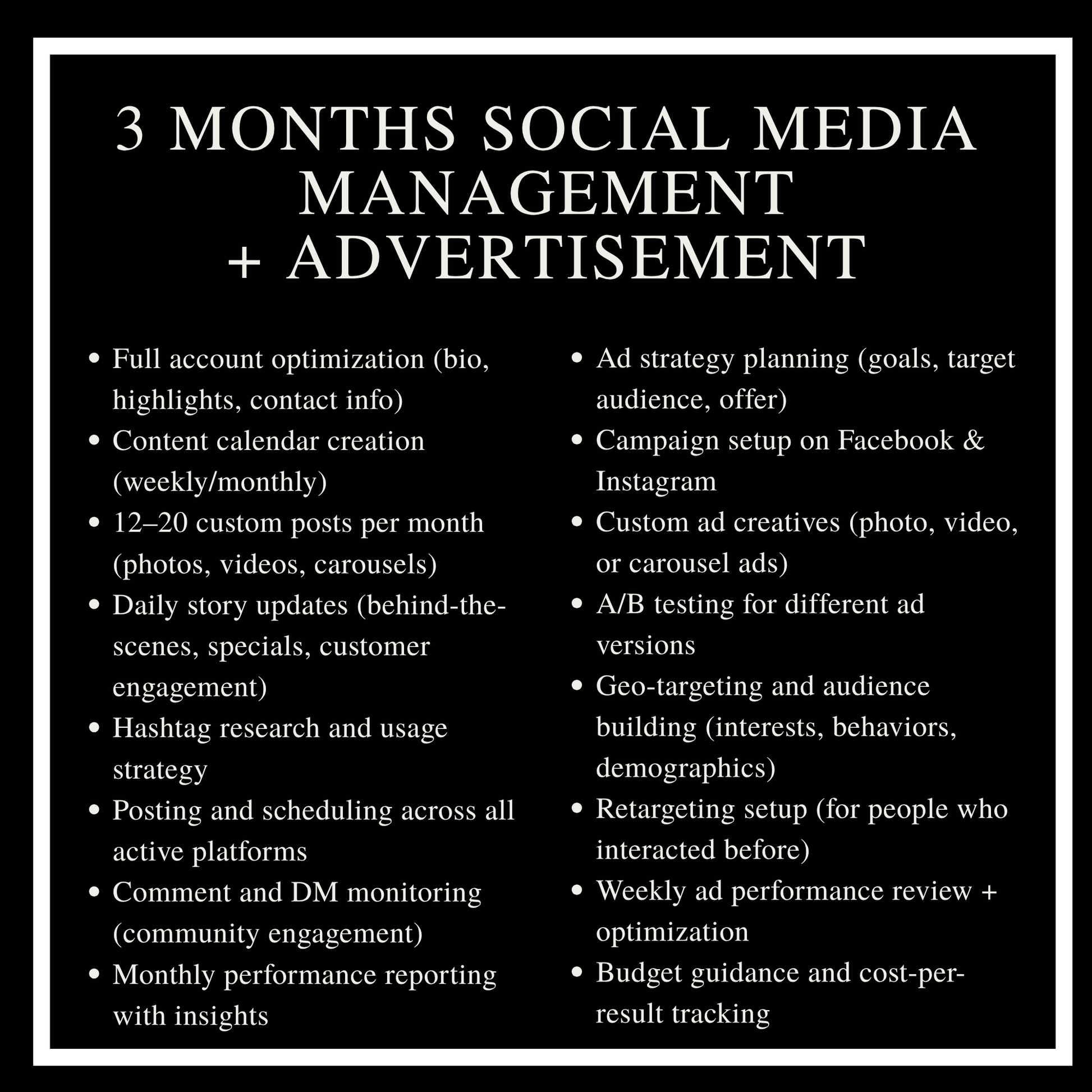 3 months Social Media Management + Ads