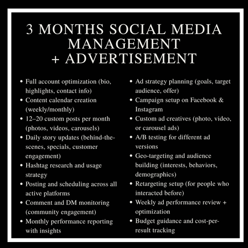 3 months Social Media Management + Ads